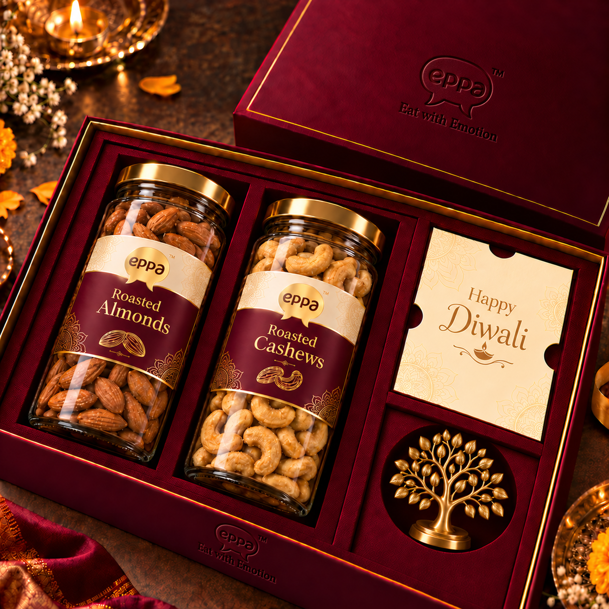 eppa gift box example with jars of Roasted Almonds and Roasted Cashews, festive Diwali presentation