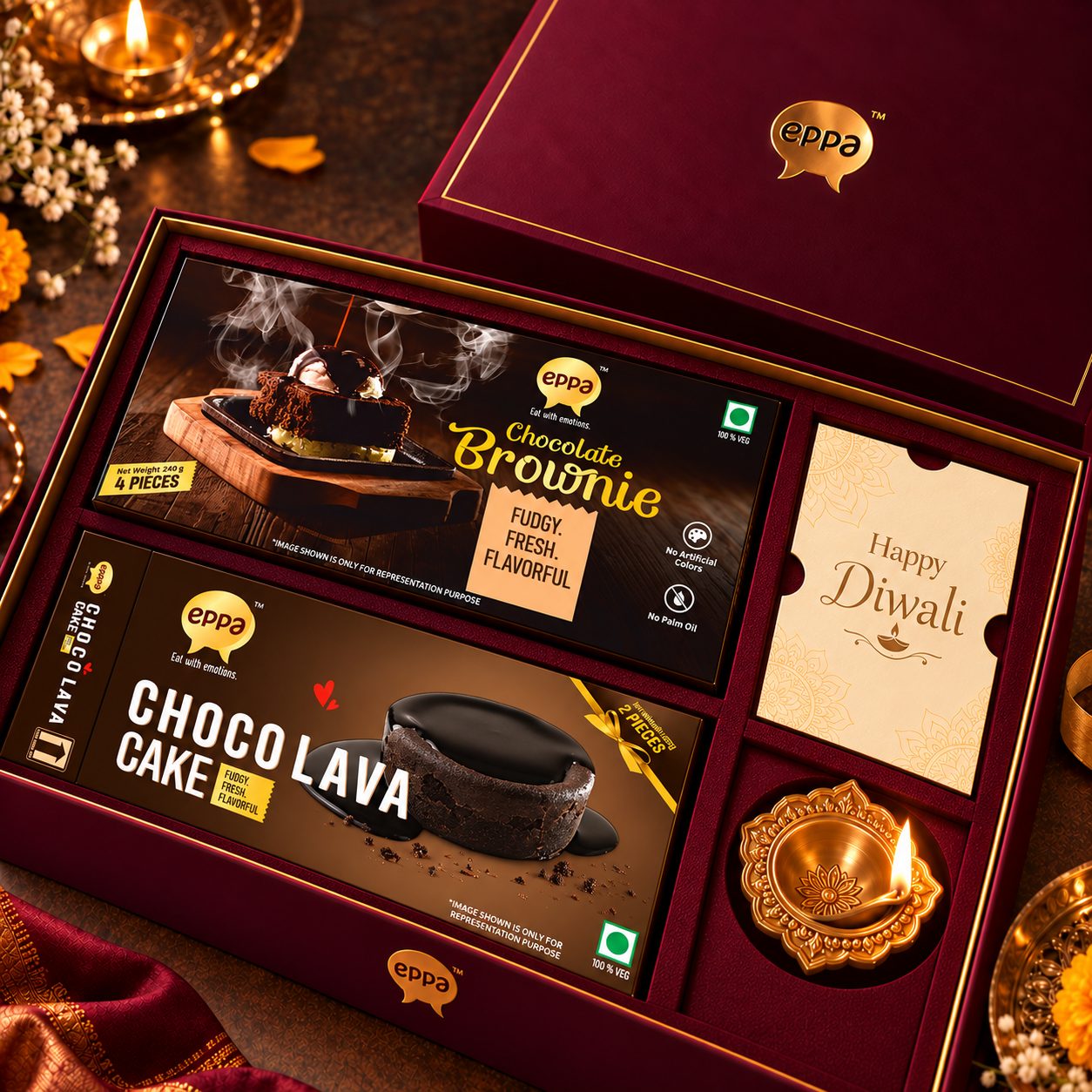 eppa festive gift box with Chocolate Brownie and Choco Lava Cake, presented for Diwali gifting